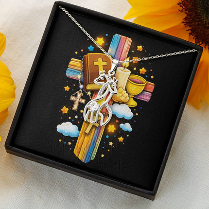 Rainbow Cross Bible And Cross | Christian Giraffe Necklace | Gift for Kids