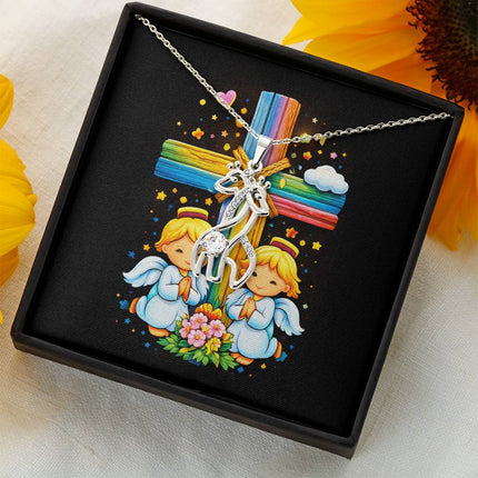 Rainbow Cross Angel Twins | Christian Giraffe Necklace | Gift for Kids