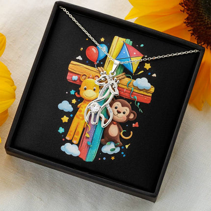 Rainbow Cross Jungle Animals | Christian Giraffe Necklace | Gift for Kids