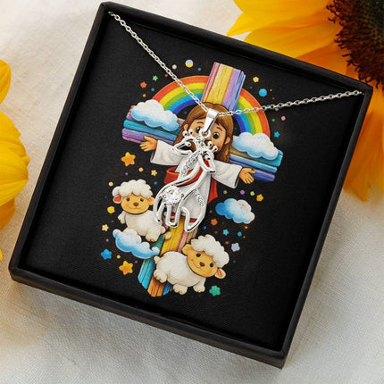Rainbow Cross Jesus And Lamb | Christian Giraffe Necklace | Gift for Kids