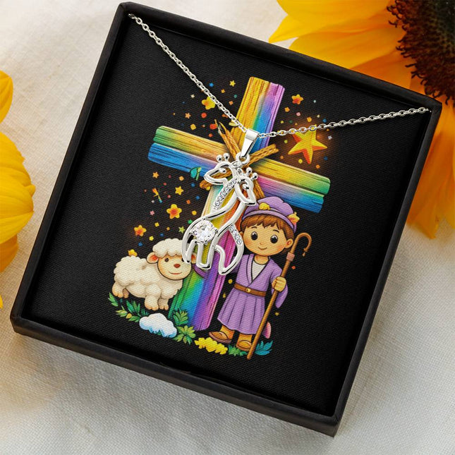 Rainbow Cross Little Shepherd | Christian Giraffe Necklace | Gift for Kids