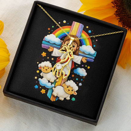 Rainbow Cross Jesus And Lamb | Christian Giraffe Necklace | Gift for Kids