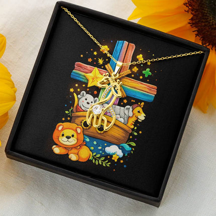 Rainbow Cross Noahs Ark | Christian Giraffe Necklace | Gift for Kids