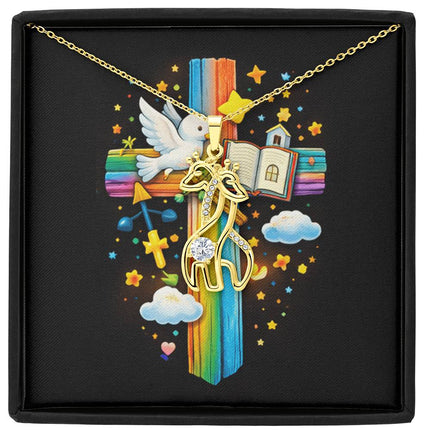Rainbow Cross Open Bible | Christian Giraffe Necklace | Gift for Kids