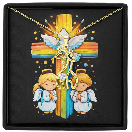 Rainbow Cross Angels And Dove | Christian Giraffe Necklace | Gift for Kids