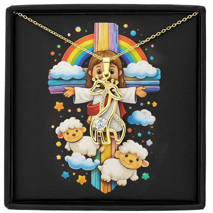 Rainbow Cross Jesus And Lamb | Christian Giraffe Necklace | Gift for Kids
