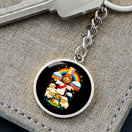 Jesus With the Sheep - Graphic Circle Keychain – Christian Gift for Kids