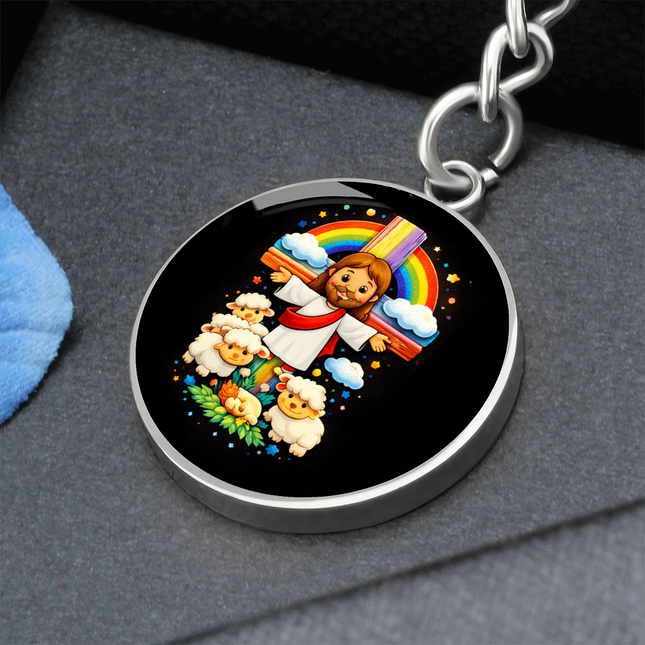 Jesus With the Sheep - Graphic Circle Keychain – Christian Gift for Kids