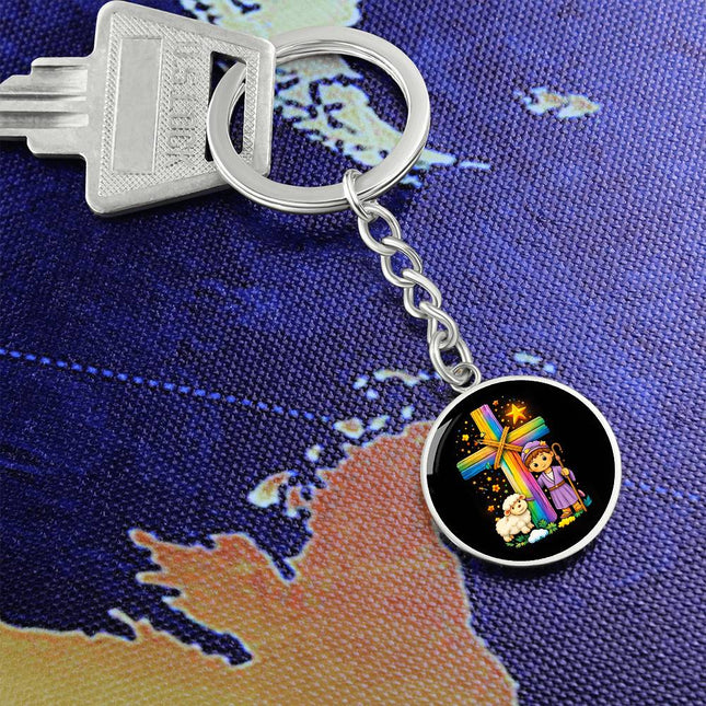 Shepherd Boy & Lamb Rainbow Cross Graphic Circle Keychain – Christian Gift for Kids