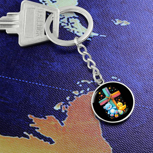 Rainbow Cross Teddy Bear & Chick Graphic Circle Keychain – Christian Gift for Kids