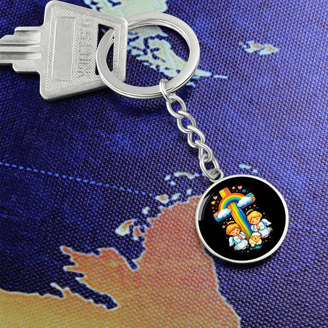 Angels & Lamb Rainbow Cross Graphic Circle Keychain – Christian Gift for Kids