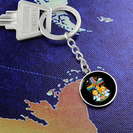 Praying Angels Rainbow Cross Graphic Circle Keychain – Christian Gift for Kids
