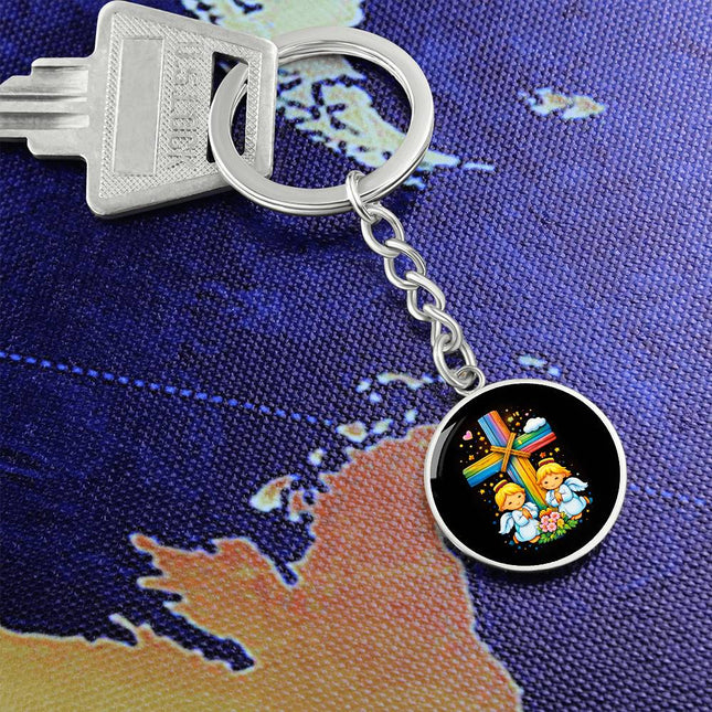 Praying Angels Rainbow Cross Graphic Circle Keychain – Christian Gift for Kids