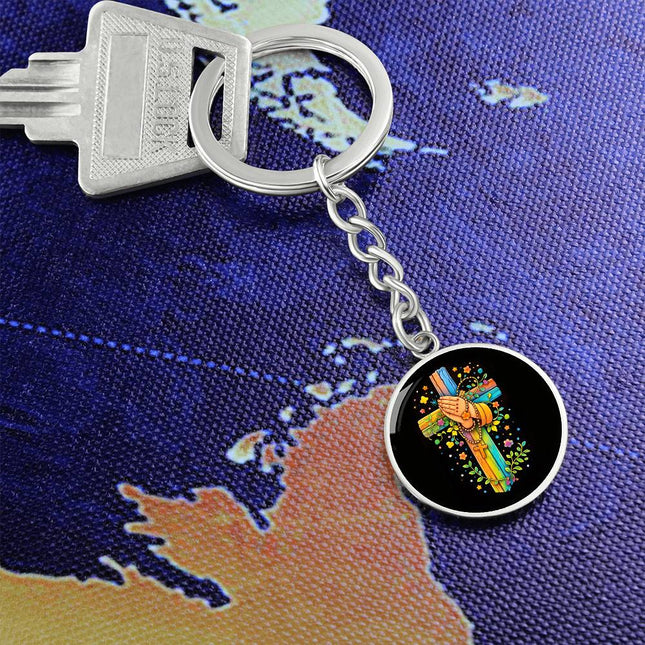 Praying Hands & Rosary Rainbow Cross Graphic Circle Keychain – Christian Gift for Kids