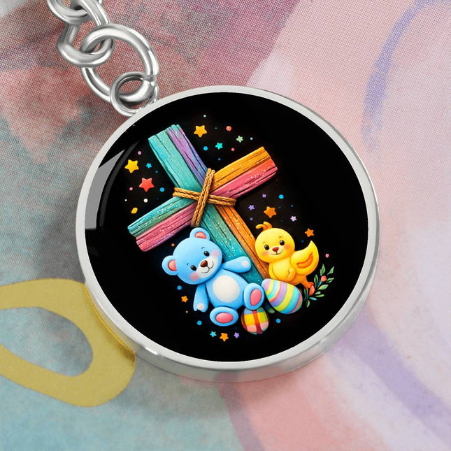 Rainbow Cross Teddy Bear & Chick Graphic Circle Keychain – Christian Gift for Kids
