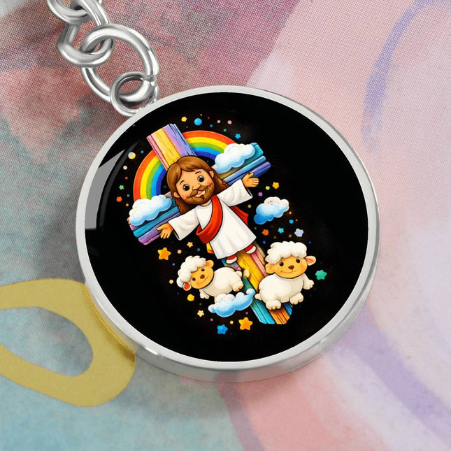 Jesus & Little Lambs Rainbow Graphic Circle Keychain – Christian Gift for Kids