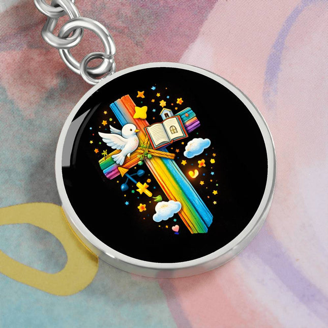 Dove & Open Bible Rainbow Cross Graphic Circle Keychain – Christian Gift for Kids