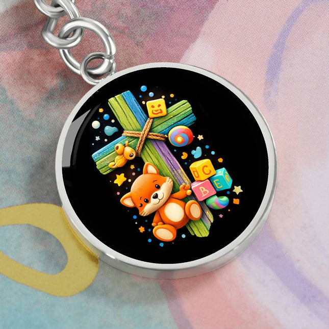 Kitten & ABC Blocks Rainbow Cross Graphic Circle Keychain – Christian Gift for Kids