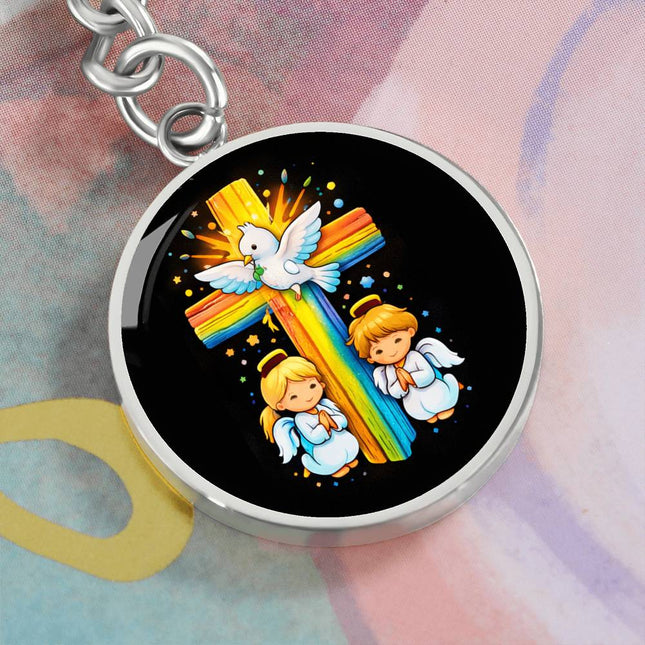 Dove & Praying Angels Rainbow Cross Graphic Circle Keychain – Christian Gift for Kids