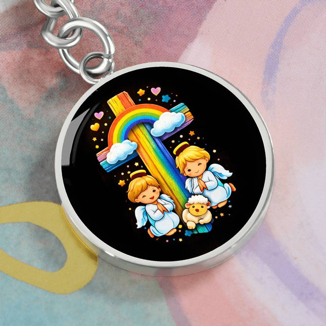 Angels & Lamb Rainbow Cross Graphic Circle Keychain – Christian Gift for Kids
