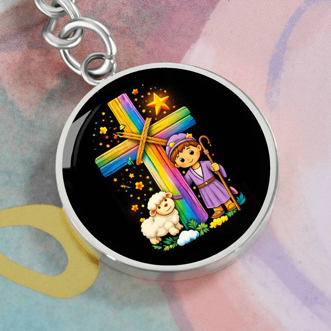 Shepherd Boy & Lamb Rainbow Cross Graphic Circle Keychain – Christian Gift for Kids
