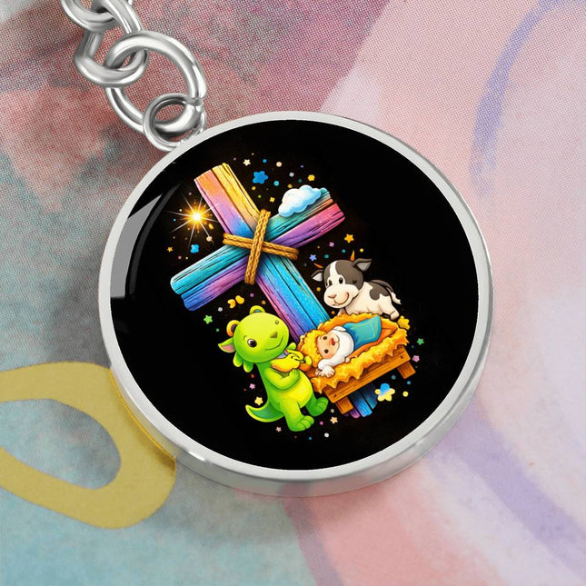 Baby Jesus Nativity & Dino Rainbow Cross Graphic Circle Keychain – Christian Gift for Kids