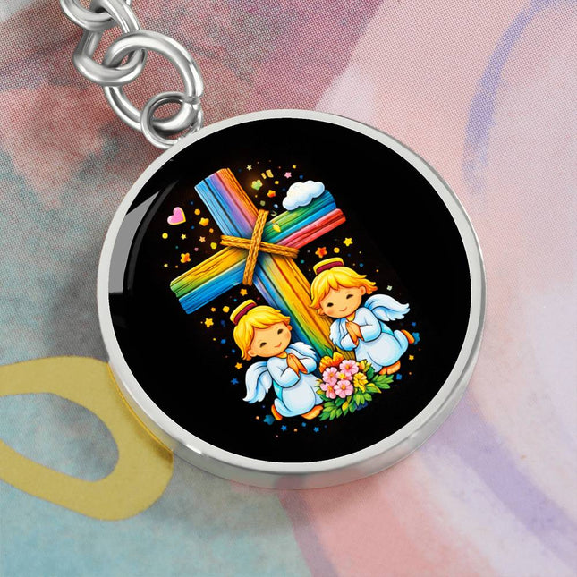 Praying Angels Rainbow Cross Graphic Circle Keychain – Christian Gift for Kids