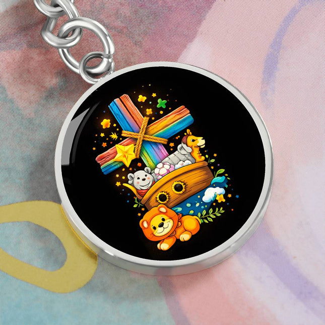 Noah's Ark Rainbow Cross Graphic Circle Keychain – Christian Gift for Kids