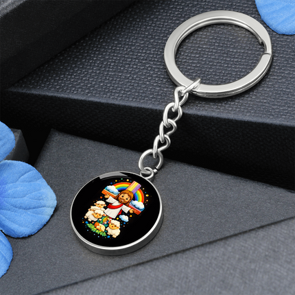Jesus With the Sheep - Graphic Circle Keychain – Christian Gift for Kids