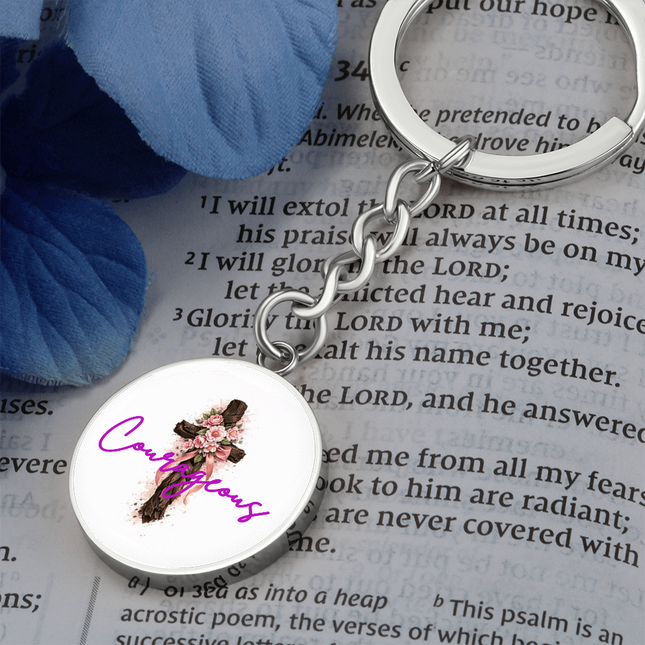Courageous Flower Cross Christian circle keychain — floral cross design, modern Mother's Day gift for mom with a quiet courage message