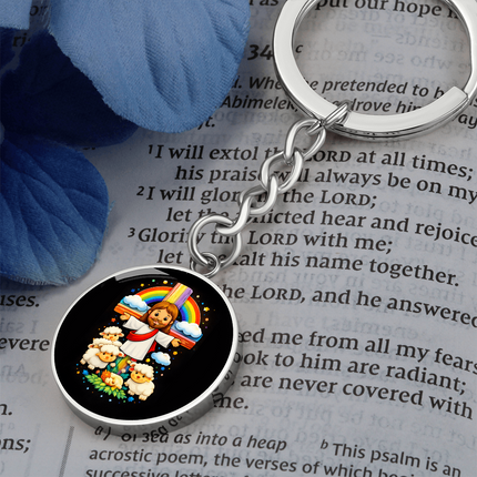 Jesus With the Sheep - Graphic Circle Keychain – Christian Gift for Kids