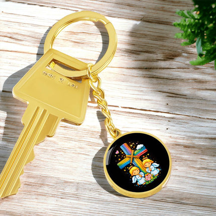 Praying Angels Rainbow Cross Graphic Circle Keychain – Christian Gift for Kids
