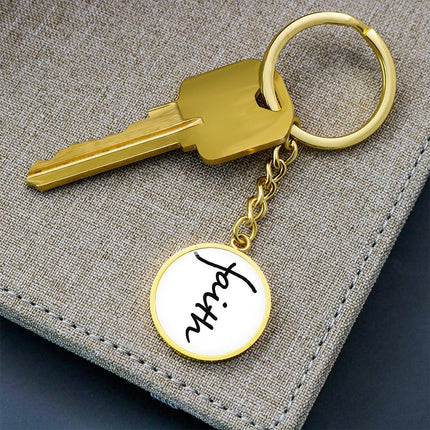 White faith circle keychain with black script – minimalist Christian keychain gift