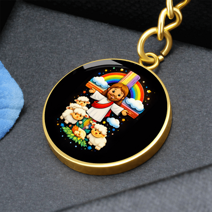 Jesus With the Sheep - Graphic Circle Keychain – Christian Gift for Kids