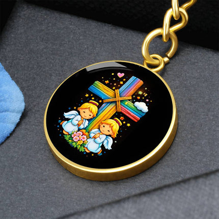 Praying Angels Rainbow Cross Graphic Circle Keychain – Christian Gift for Kids