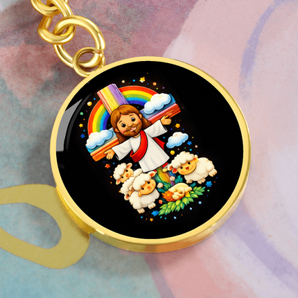 Jesus With the Sheep - Graphic Circle Keychain – Christian Gift for Kids