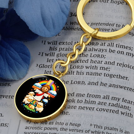 Jesus With the Sheep - Graphic Circle Keychain – Christian Gift for Kids