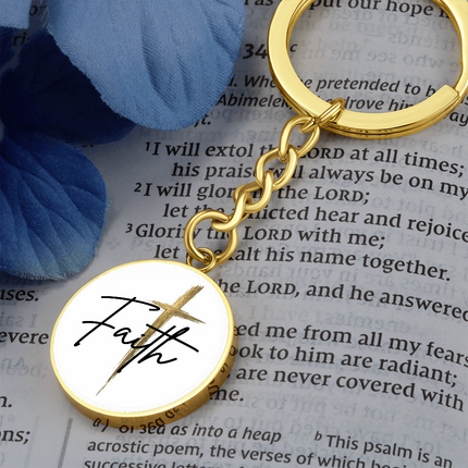 Faith cross gold graphic circle keychain with round pendant, Christian keychain gift for keys, purse, or backpack zipper pull
