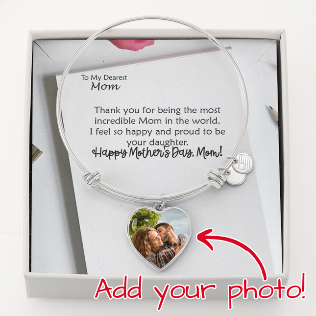 Christian luxury heart bangle with "To My Dearest Mom, Happy Mother's Day" message — modern Mother's Day gift for mom, in luxury gift box