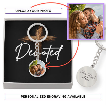 Devoted Cross Photo Circle Keychain – Christian Gift for Men